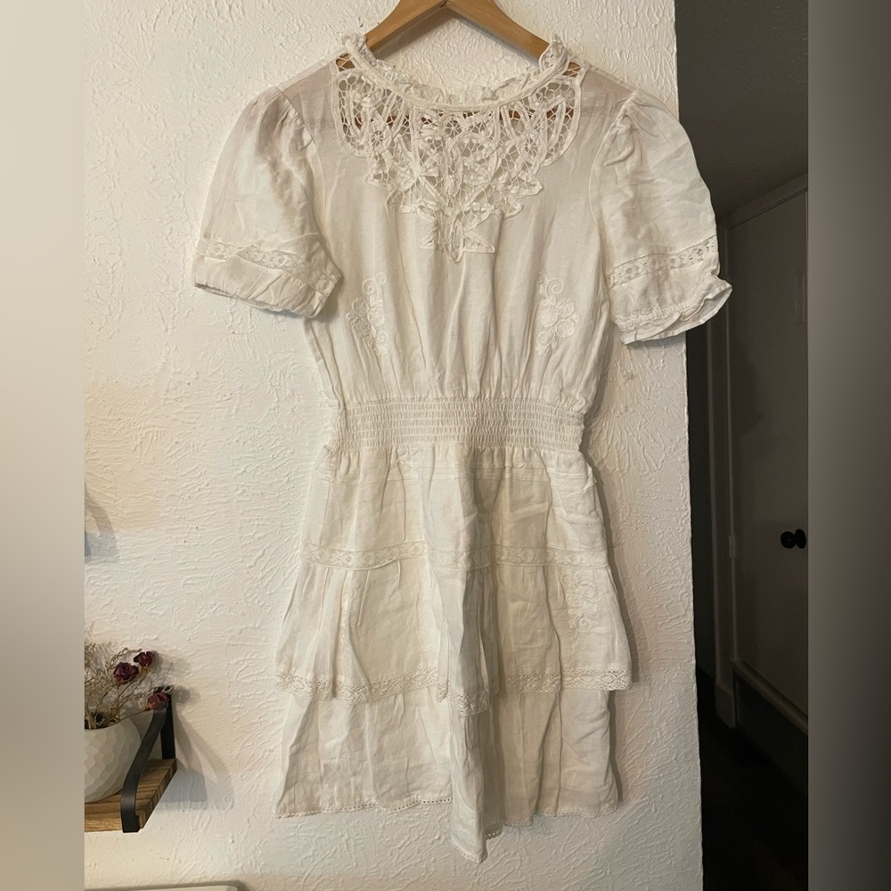 NWT River Island White Lace Tiered Mini Dress Linen-Cotton Blend Size 6